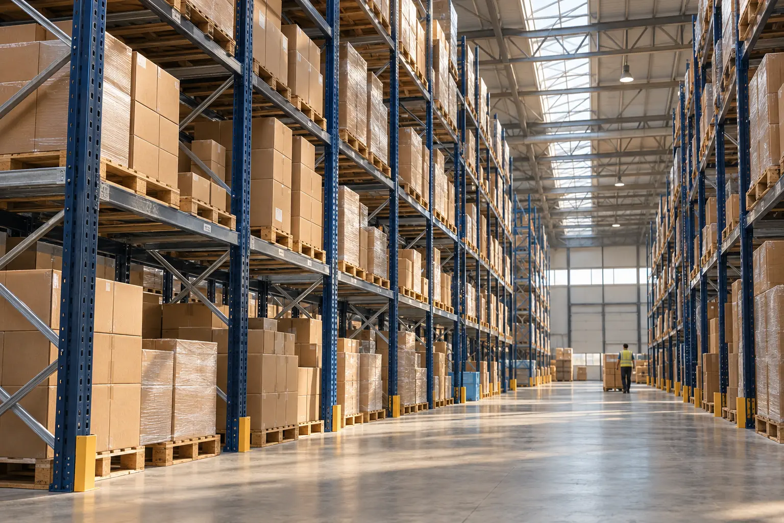 Illustrative view of organized warehouse shelving and packaged inventory
